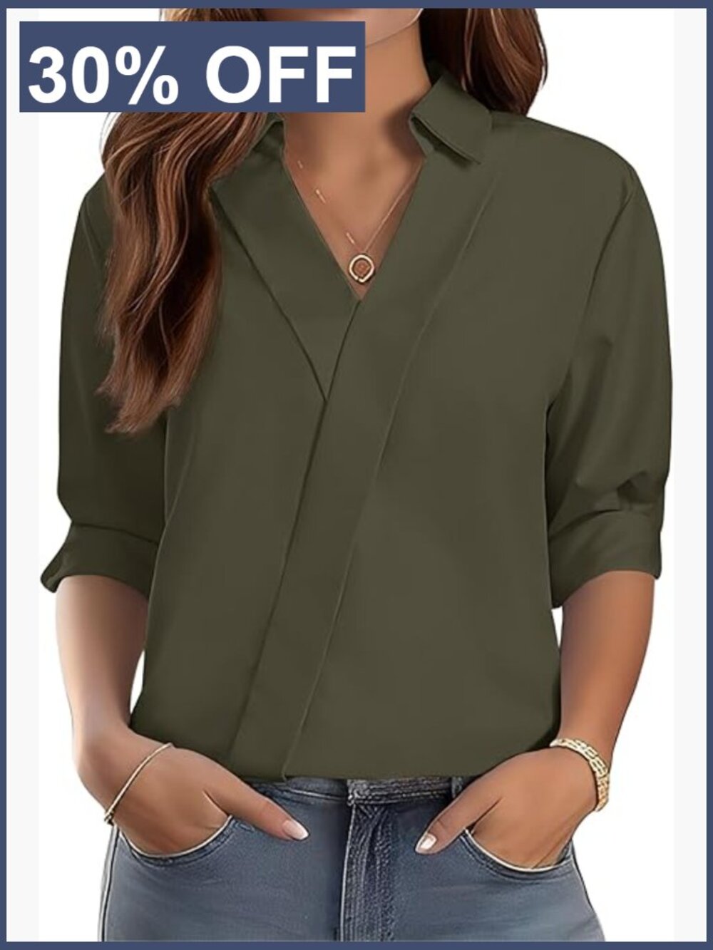 3/4 Sleeve V Neck Collared Blouse - Business Casual Work Shirt